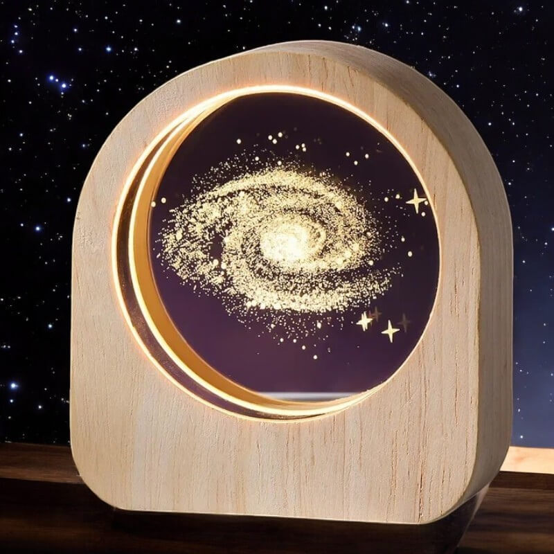 Galaxie Nachttischlampe mit Holzsockel